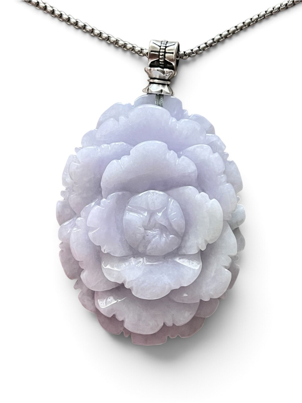 Large Hand-Carved Grade A Lavender Jadeite Jade Flower Pendant Necklace